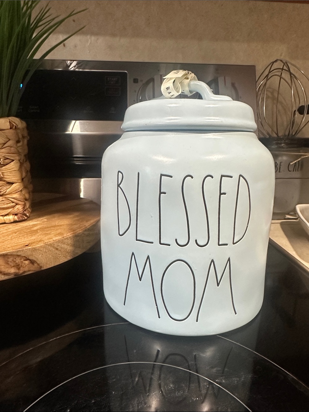 Rae Dunn Pale Blue 'BLESSED MOM' Ceramic Storage Jar